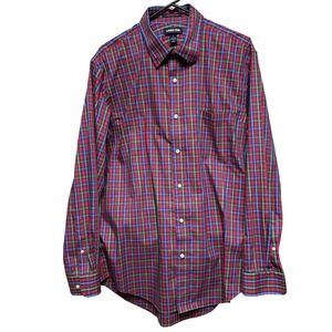 Lands' End Button Down Shirt Mens‎ L Red Blue Plaid Supima No Iron Pinpoint